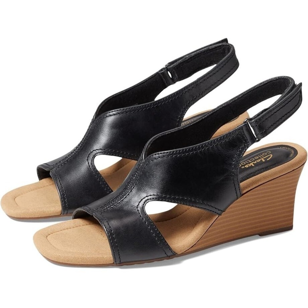 Clarks® (Women's 7.5 WIDE) Kyarra Aster™ Wedge Sandals in Black Leather